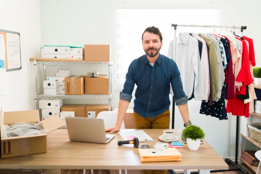 jovem-empresario-hispanico-atras-de-sua-mesa-de-escritorio-e-trabalhando-na-fabricacao-de-pacotes-com-roupas-da-moda-para-enviar-aos-seus-clientes-como começar um ecommerce