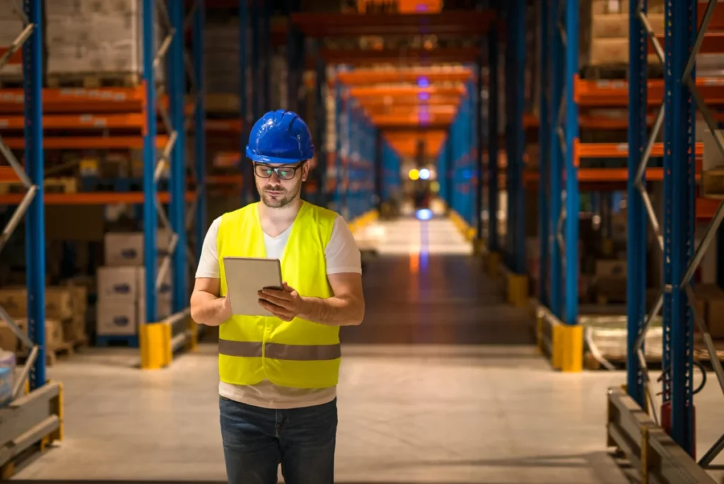 homem-caminhando-pelo-centro-do-armazem-de-armazenamento-de-um-grande-armazem-e-usando-o-tablet-para-controlar-a-distribuicao-inventário de estoque