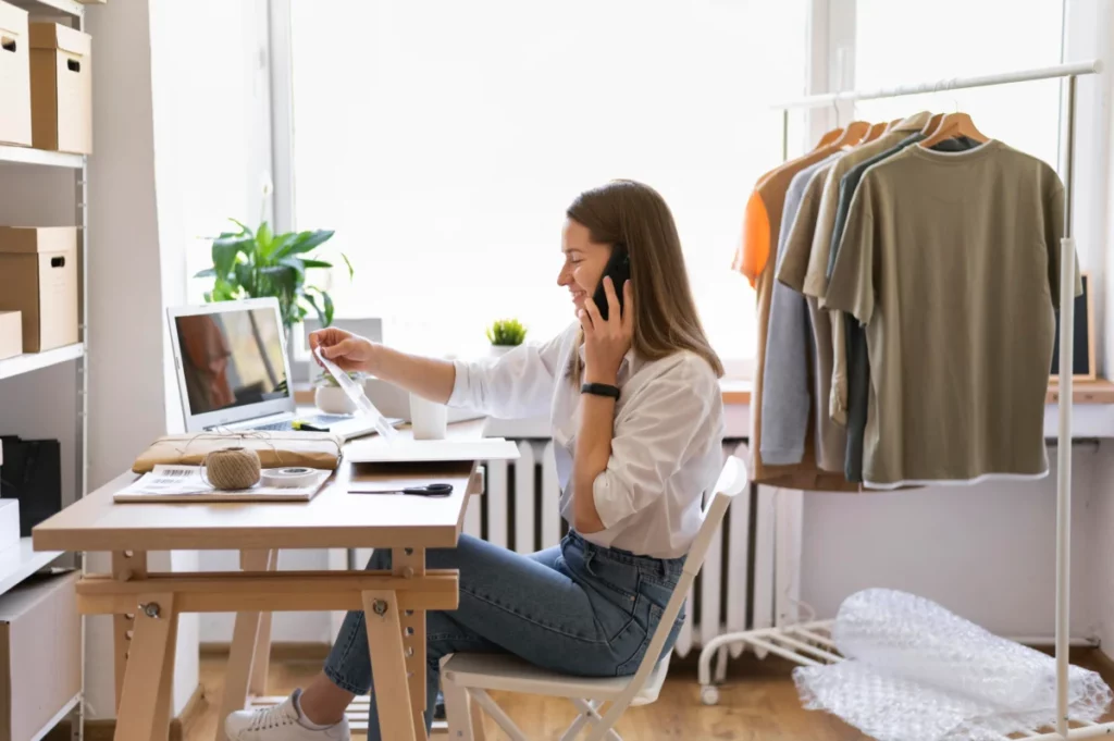 mulher sentada à mesa, de frente para o laptop, falando no telefone. plataforma de vendas online