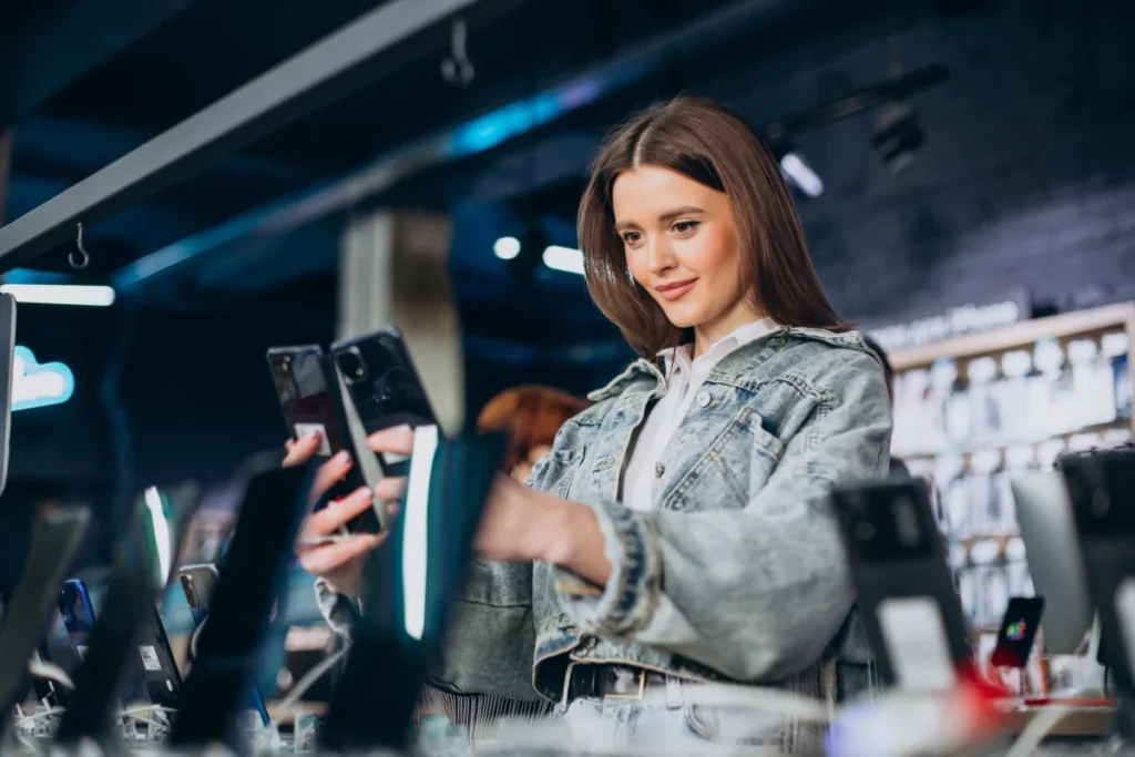 mulher em loja de eletrônicos escolhendo smartphone-produtos eletrônicos mais vendidos